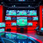 Engaging sports broadcasting scene with an analyst discussing live games.