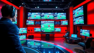 Engaging sports broadcasting scene with an analyst discussing live games.