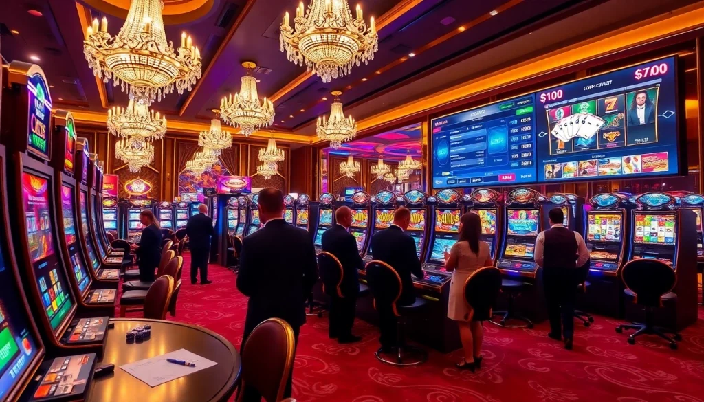 Excited players enjoying IDN slot machines in a luxurious casino setting.