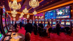 Excited players enjoying IDN slot machines in a luxurious casino setting.