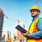 Manhattan Construction Manager supervising a bustling site with cranes and teamwork.