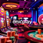 Engaging online casino scene with players enjoying onicplay slot machines and poker.