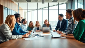 Engaged team discussing B2B sales jobs with high commission in a bright office setting.