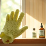 Scrub with a hand loofah glove for a refreshing shower experience in natural light.