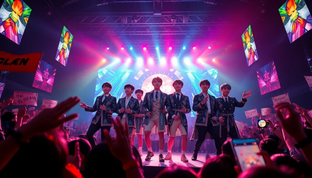 Catching BTS news with the dynamic performance of BTS on stage in front of an excited crowd.