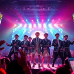 Catching BTS news with the dynamic performance of BTS on stage in front of an excited crowd.