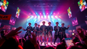 Catching BTS news with the dynamic performance of BTS on stage in front of an excited crowd.