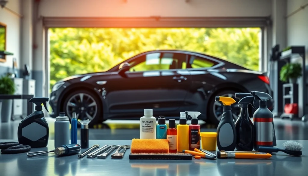 Auto detailing Cleveland TN with a polished car and professional tools displayed in a modern setting.