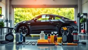 Auto detailing Cleveland TN with a polished car and professional tools displayed in a modern setting.