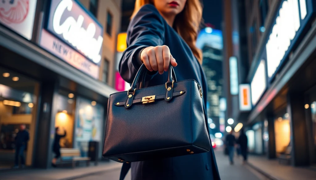 레플리카 핸드백을 자신감 있게 들고 있는 트렌디한 도시 배경의 인물