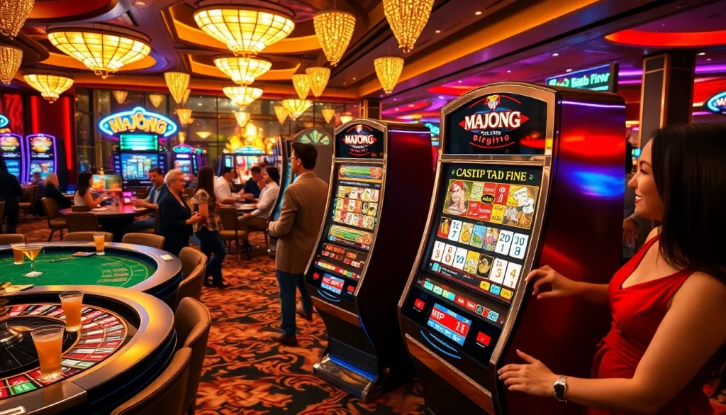 Exciting scene featuring a mahjong slot demo at a vibrant casino, showcasing players attempting to win big at the tables.