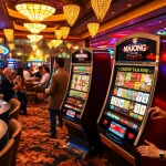 Exciting scene featuring a mahjong slot demo at a vibrant casino, showcasing players attempting to win big at the tables.
