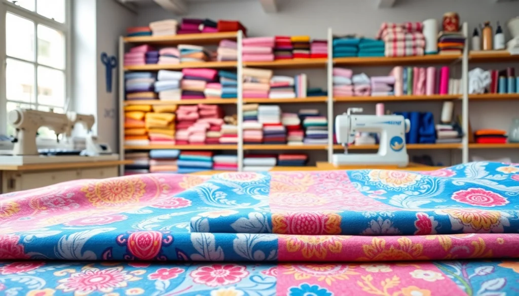 Tricot stof kopen van hoogwaardige kwaliteit met kleurrijke stoffen in een creatieve studio.