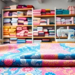 Tricot stof kopen van hoogwaardige kwaliteit met kleurrijke stoffen in een creatieve studio.