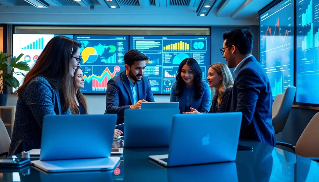 Engaging digital marketing team collaborating on innovative strategies in a vibrant office.