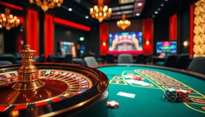 Experience high-stakes excitement at loto188.gb.net with vibrant casino scenes featuring roulette and poker.