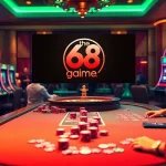 A thrilling scene of players at the poker table enjoying 68 game bài while vibrant slot machines light up the background.