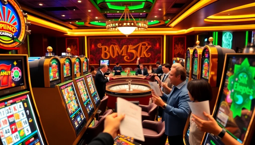 Adegan yang menarik dari para pemain yang menikmati permainan slot Depo 5K dengan lampu yang cerah dan suasana mewah.