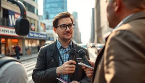Capture a news interview scene featuring a journalist from https://www.thedailynewsonline.com in an urban setting.