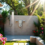 Experience sunny shower USA in a refreshing backyard setting with vibrant flowers.