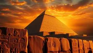 Pyramid silhouette against sunset highlighting ancient architecture and history.