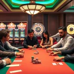 Players enjoying a thrilling poker game at a luxurious MV88-themed casino.