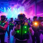 Engaged players enjoying Laser tag in a vibrant, neon-lit arena with dynamic action.