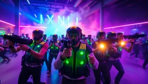 Engaged players enjoying Laser tag in a vibrant, neon-lit arena with dynamic action.