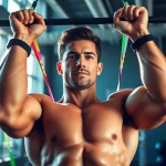 Fitness enthusiast using assisted pull-up bands for strength training in a bright gym.