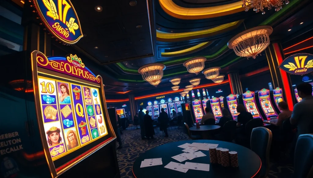 Play the Olympus slot at vibrant casino filled with excitement and striking mythology-themed decor.