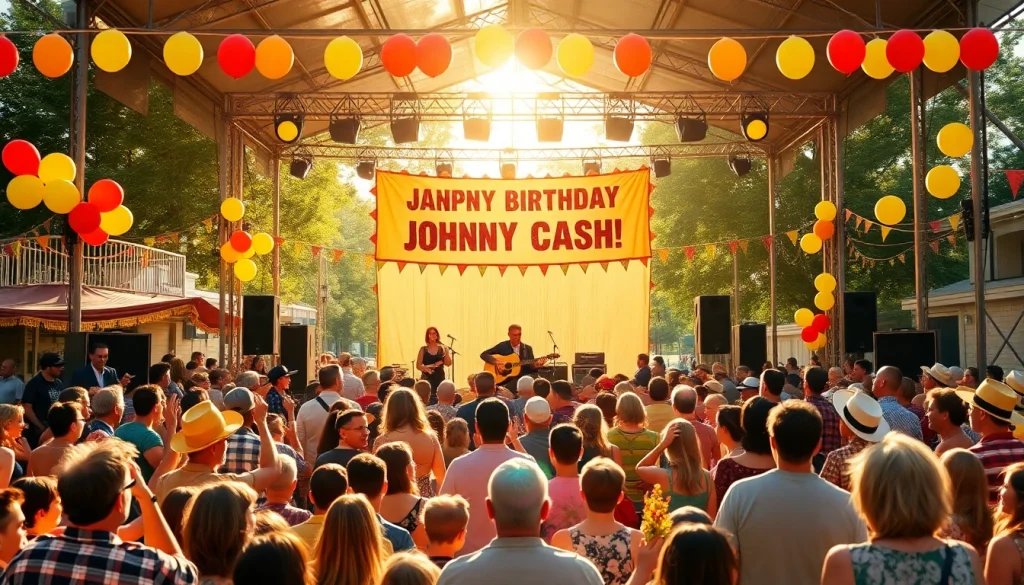 Exciting celebration scene for Johnny Cash's birthday at johnnycashbirthday.com, featuring a live music festival atmosphere.