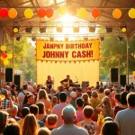 Exciting celebration scene for Johnny Cash's birthday at johnnycashbirthday.com, featuring a live music festival atmosphere.