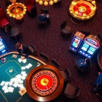 Engage in thrilling gameplay at PS99 with an elegant casino scene featuring tables and slot machines.
