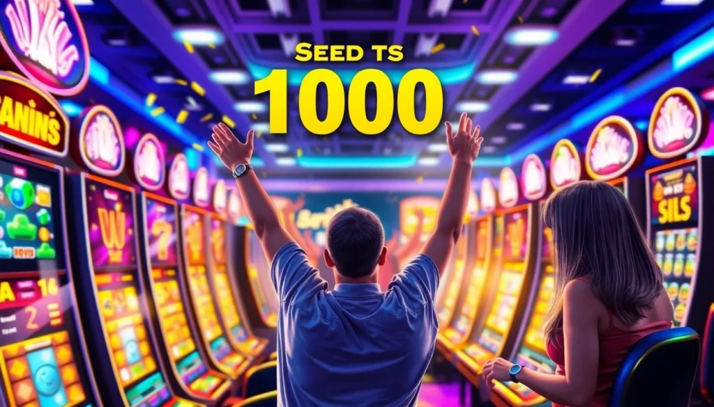 Menggambarkan pengalaman seru slot depo 1000 dengan pemain bersemangat merayakan kemenangan mereka.