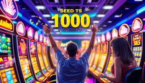 Menggambarkan pengalaman seru slot depo 1000 dengan pemain bersemangat merayakan kemenangan mereka.