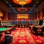 Une scène animée mettant en vedette un site de casino en ligne luxueux avec des machines à sous lumineuses, des jetons de poker colorés et des tables de casino élégantes.