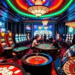 Sebuah kasino yang hidup dengan para pemain yang menikmati mesin slot dan meja poker, menangkap esensi gaya fotografi jmacdonaldphoto.com.
