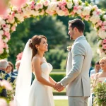 Experience a magical moment in wedding photography depicting a couple exchanging vows in a beautiful garden.