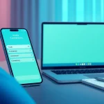 在现代家庭办公室中，智能手机与笔记本电脑上的快连VPN应用界面。
