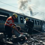 Emergency responders assisting victims at the spain train crash site, showcasing heroic efforts amidst chaos.