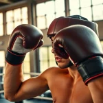 Kämpfer mit headgear boxing in einem Trainingsraum, bereit für das nächste Sparring.