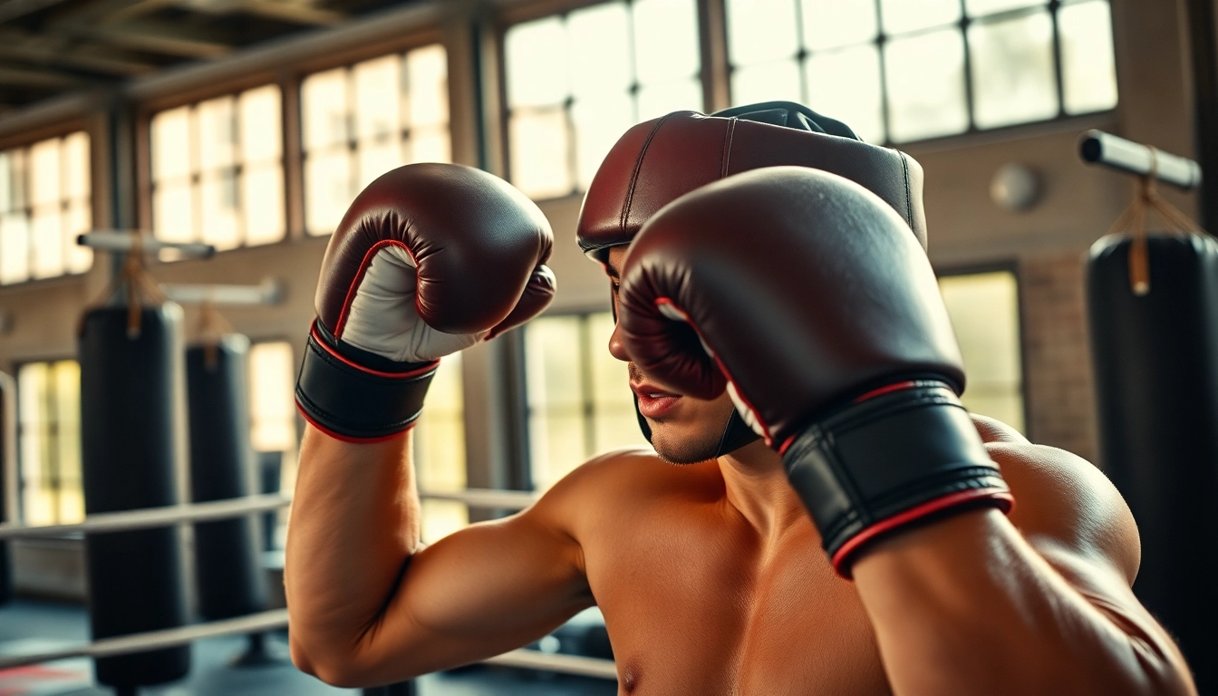 Kämpfer mit headgear boxing in einem Trainingsraum, bereit für das nächste Sparring.