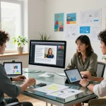 Team collaborating on AI image to prompt ai project in a modern workspace