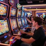 Pemain merayakan kemenangan di mesin slot zeus dalam suasana kasino yang penuh warna.