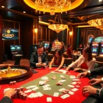 Vivez le frisson des paris sur un site de casino en ligne luxueux avec des tables de poker et des roues de roulette.