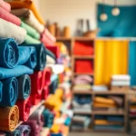 Bekijk goedkope canvas stoffen in een kleurrijke stoffenwinkel met diverse rollen.