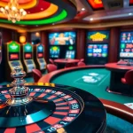 Découvrez l'excitation du casino en ligne France avec une scène de jeu en ligne dynamique incluant la roulette et les machines à sous.