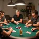 Players strategizing at a home poker game, representing the hidden wiki dark web in social gambling.