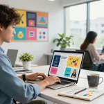 Engaging digital marketing workspace showcasing Nhà cái Hubet88 promotional strategies and creativity