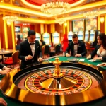 Scène passionnante de casino en ligne Français avec des joueurs à une table de roulette vibrante et des jetons de poker colorés.